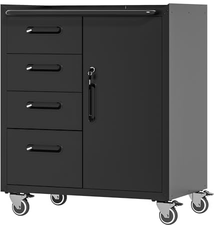 Generisch Stabiler Werkzeugschrank mit 4 Schubladen & Schloss, 75x42x88cm, Rollen & verstellbaren Böden - Schwarzer Metall-Wagen für Garage, Werkstatt, Haushalt