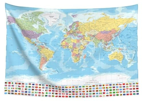 Tapiz de mapa del mundo para colgar en la pared, tapiz de mapa educativo indecolorable de 59x39 pulgadas con países, ciudades principales y bandera nacional para la escuela de oficina en casa