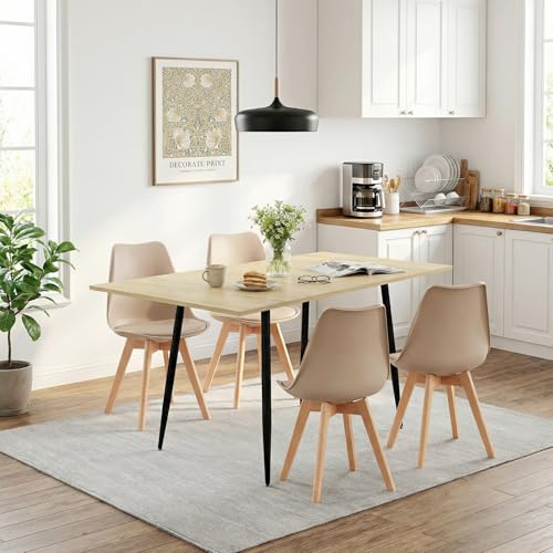 FURNITABLE Esstisch mit 4 Stühlen Essgrupp,4er Set Esszimmerstühle und Rechteckig Ausziehbar Tisch Esszimmergruppe,für Wohnzimmer,Küche,Büro,160 * 80 * 75cm(Eiche Tisch+4 Khaki Stühle)