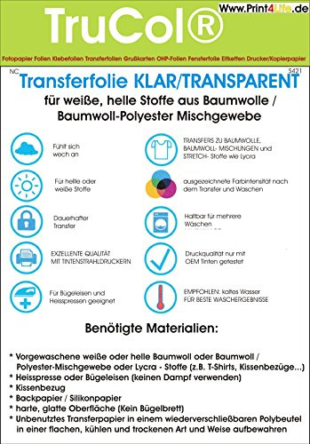 Bläckstråle överföringspapper för påstrykning på ljusa t-shirts, DIN A4, 20 blad transferfolie t-shirt genomskinlig / TRANSPARENT för bomullsmaterial och byggull-polyester blandväv och lycra-tyg