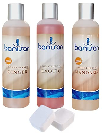 Whirlpoolduft Banisan Badezusatz Whirlpool Aromatherapie 3 Düfte mit je 250 ml + 2 Filterreinigungstabletten von Pfahler´s Whirlpool Studio. Softub Whirlpool Duft Set, Ginger, Mandarin, Exotic