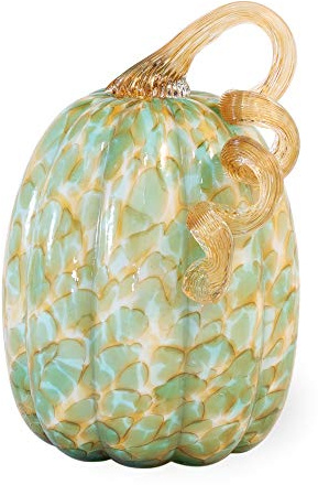 Decorative Handblown Glass Pumpkin Figurine, 5 x 8.5-Inches, Green and Gold