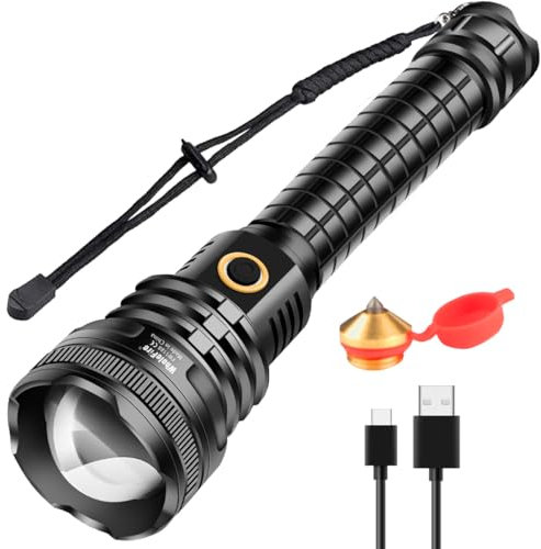 WholeFire LED Torch Rechargeable, Torches LED Super Bright 90000 Lumens Flashlight USB XHP90 Powerful Torch Light with Zoom, Waterproof 5 Modes for Camping Hiking Biking Outdoor Activities