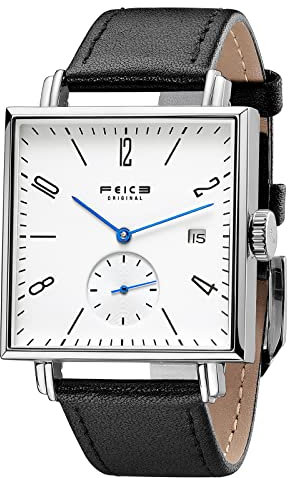 FEICE Unisex Eckig Mechanische Uhr Automatikwerk mit Saphirglas Lederarmband Ø34mm-FM301 (Schwarz-Neu)