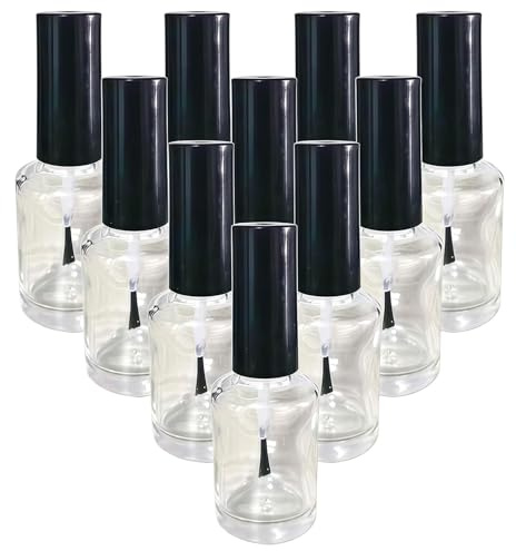 Happyupcity 10PCS 15ML/0.5OZ Empty Round Clear Nail Polish Glass Bottles with Brush Black Cap Small Nail Vials Travel Trial Pack Liquid Blush Storage Containers for Nail Art