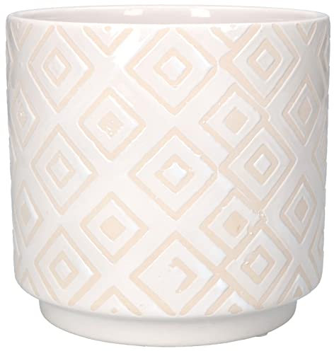 KOTARBAU® Maceta cilíndrica de cerámica esmaltada, Ø12 cm, Tiesto Decorativo para Flores y Plantas, Macetero Redondo para Interiores, Diseño Minimalista, Blanco, Acabado Brillante, Patrón Rombos
