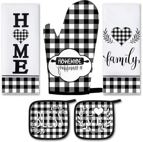 5 Pieces Buffalo Plaid Kitchen Towels Oven Mitts and Pot Holder Set Black and White Kitchen Towels Oven Gloves, Hot Pads Pot Holders for Farm House Accessories Decor(Heart)