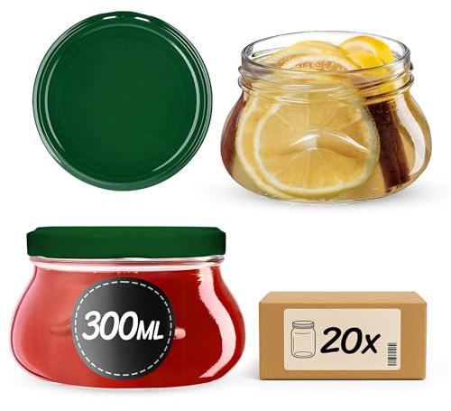KADAX Lot de 20 bocaux en verre 300ml Ø82 – Couvercle Twist-Off hermétique TO82 – Pour confitures, conserves, cornichons, miel & fermentation