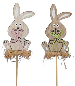 RiloStore 12 STK Dekostecker Holzhasen niedlich ot090 bunt bemalt Osterhasen 8cm Deko Stecker grau braun Osternest Ostern Holzhase am Pick Blumendeko Stecker Hase Floristik Osterdeko
