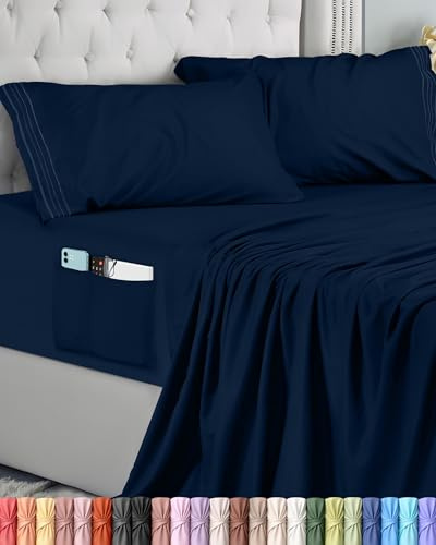 Utopia Bedding Set Lenzuola Matrimoniali 4 Pezzi 180x200 cm - Microfibra di Poliestere - Lenzuolo con Angoli con Tasche Portaoggetti, Lenzuolo Piatto e 2 Federe Ricamate, Blu Navy