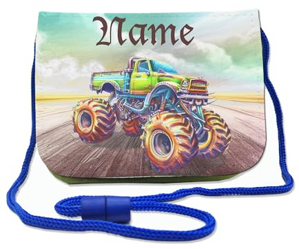 Maus-Design Kinder Brustbeutel Monstertruck mit Name und Schriftartwahl | Klettverschluss, Schnur zum Umhängen, Klarsichtfach, Personalisiert