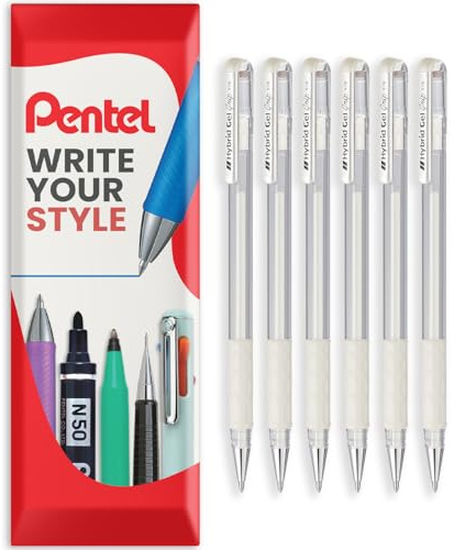 Pentel K118 Hybrid-Gel-Metallic-Tintenstift, 0,8 mm Spitze, mit Gummigriff, weiße Tinte, 6 Stück