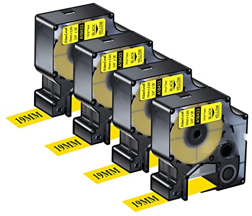 NineLeaf 4 Packung Ersatz für Dymo IND 18433 A18433 19mm x 5.5m Bänder Schwarz auf Gelb Vinyl Permanentes Industrie Schriftband für Rhino 4200 5200 5000 6000 ILP 3M PL150 PL200 Beschriftungsgerät