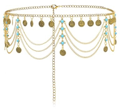 SCJJZ Catene e collane per il corpo,Cintura con catena in vita con moneta turchese stile etnico multistrato in lega per il corpo, abito alla moda, accessori per abiti, cintura (oro)