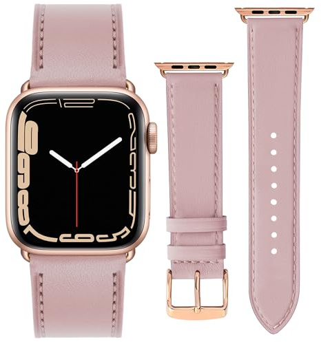 ONET8O Leather Strap Compatible with Apple Watch Series Genuine Leather Replacement Band for iWatch 38/40/41/42/44/45/49mm for Women and Men Rose gold Adapters-38/40/41mm Pink sand
