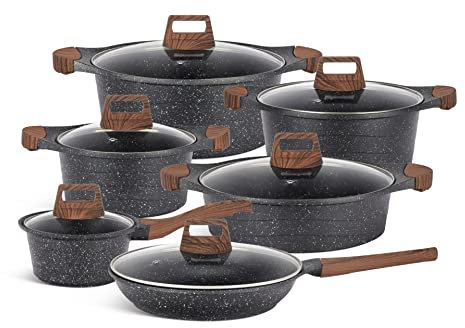 Edenberg Batterie de cuisine 12 pièces en acier compatible induction avec casserole à pied, casseroles, casserole et poêle à frire, aluminium, passe au lave-vaisselle, tous feux dont couvercle