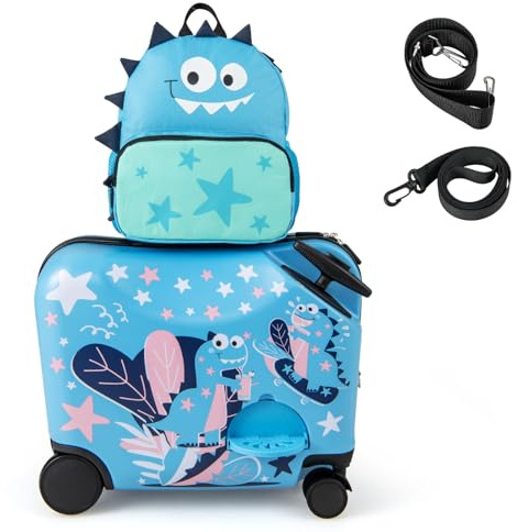 GOPLUS Kinderkoffer mit Rucksack, Kids Trolley, Kindergepäck mit Rollen, Reisekoffer mit Teleskopgriff, Hartschalenkoffer für Kinder, Kindertrolley Farbwahl (Blau-Dinosaurier, 12+18)