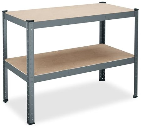 Relaxdays Banco da Lavoro Officina, HxLxP: 90x120x60 cm, 150 kg, Tavolo con 2 Ripiani Regolabili, Acciaio e MDF, Grigio, Fibra di Legno