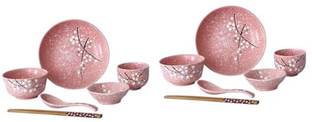 COLLBATH Vajilla Japonesa De Cerámica Rosa Para Hogar Incluye Tazones Platos Tazas Cucharas y Palillos Diseño Elegante y Práctico Para Uso Diario y Reuniones Familiares