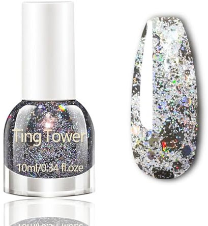 Sparkly Glitter Nail Polish - Black Paillette Glitter Nail Varnish - Clear Silver Glitter Based Nail Polish with Black Paillette - Air Dry Fast Drying No Need UV DIY Nail Art