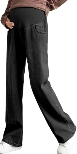 FEOYA Jeans a Gamba Dritta Premaman Donna Pantaloni Vita Elasticizzata Jeans Maternity Morbidi Stretch Jeans Straight Pre Maman Gravidanza Nero L