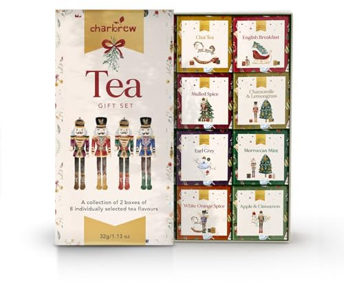 Charbrew Christmas Nutcracker 16 Box Assortment Tea Gift Set - 16 Mesh Teabags 8 Mix Tea Blends Including Classic & Herbal/Fruit