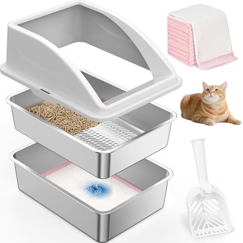 AIPERRO Stainless Steel XXL Sifting Cat Litter Box with Lid for Big Cats | High Sided, Anti-Urine Leakage | Non-Stick Bottom