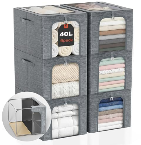 GoMaihe Clothes Storage Bin with Metal Frame: 6-Pack Stackable Closet Storage Bin with Lid & Clear Window, Sweater Boxes Storage for Closet Bedding Clothing Storage Organizer 40L