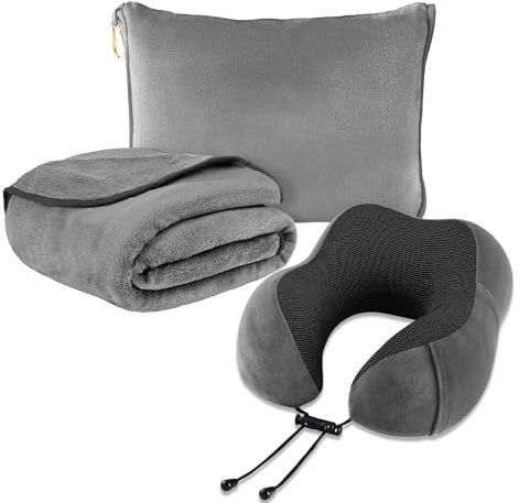 KYIZVE Set di cuscino e coperta da viaggio, coperta portatile in morbido pile e cuscino per il collo, per aereo, auto, campeggio, voli essenziali