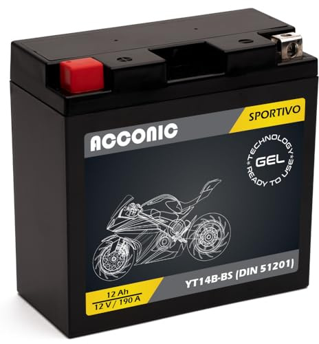 ACCONIC Sportivo AGM YT14B-BS YT14B-4 Motorradbatterie 12Ah 12V 190A DIN 51201 Maße: 150 x 70 x 145 mm ideal für Roller, Moped, Quad & Motorrad – wartungsfrei, & auslaufsicher