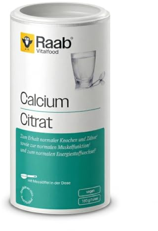 Raab Vitalfood Citrate de calcium en poudre (160 g) – 100 % citrate de calcium sans additifs, végétalien, bon dosage, sportifs, soutien des muscles et des os, ménage électrolytique