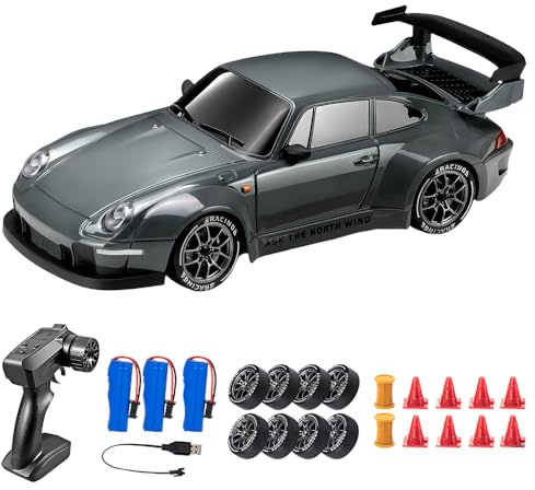 Vmxlso RC Drift Car, 1:24 Remote Control Car, 2.4GHz, 20km/h High Speed 4WD, with LED Lights, 2 Speed Modes, Racing and Drifting Tires, 3 Batteries, Mini RC Drift car Toy Gifts