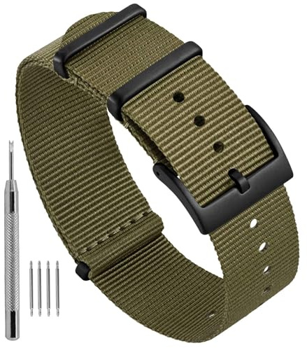 Ayadoo Nylonband i ett stycke randigt klockarmband i militär stil ersättningsband med rostfritt stålspänne för män och kvinnor, bandbredd 18 mm 20 mm 22 mm, Armégrön (svart spänne), 20mm, Nato