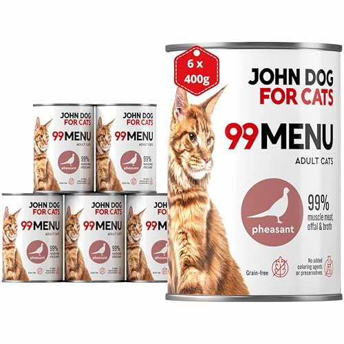 Katzennassfutter ohne Zucker und Getreide - Fasan & Huhn - Katzenfutter Nass mit 99% Fleischanteil - Nassfutter mit 100% frischen Zutaten für ausgewachsene Katzen - JD for Cats 99 MENU - 400g x 6