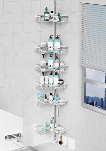 KEGII Estanteria Telescopica Baño Acero Inoxidable sin Taladro Esquinero Altura Ajustable 63,5-290 cm,Estantería Telescópica Ducha con 6 Cestas, Plata