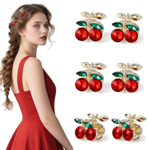 FrostyFlair Pinzas de Pelo para Niñas, 6 Piezas de Pinzas de Cereza Pequeñas, Pinzas Decorativas de Strass Pequeñas, Peinetas Semirrecogidas para Damas