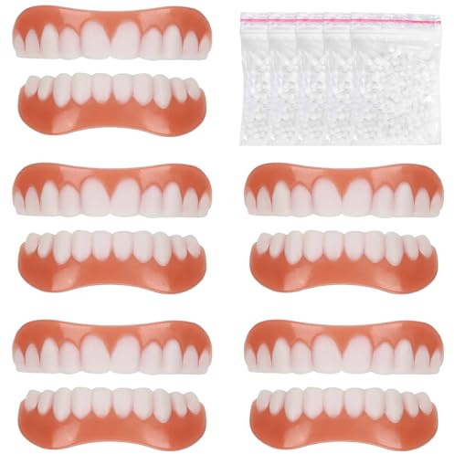 LAKPYN 5 Pairs-Immédiat Prothèses Dentaires Cosmétiques Silicone Dentier Haut Et Bas Sourire Parfait, avec gel pour la dentition, pour Homme Et Femme Amovible Naturel Fausse Dents Provisoire Facette
