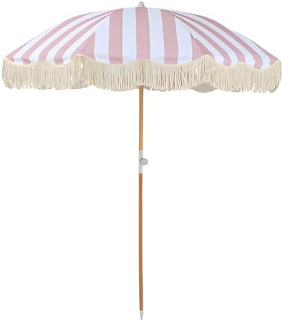 QYYZTQY Pink Striped Garden Umbrella,Outdoor Boho Beach Umbrella with Fringes,8 Ribs,UV 50+,Tilt Button,Parasol Carry Bag for Holiday Lawn Pool Patio