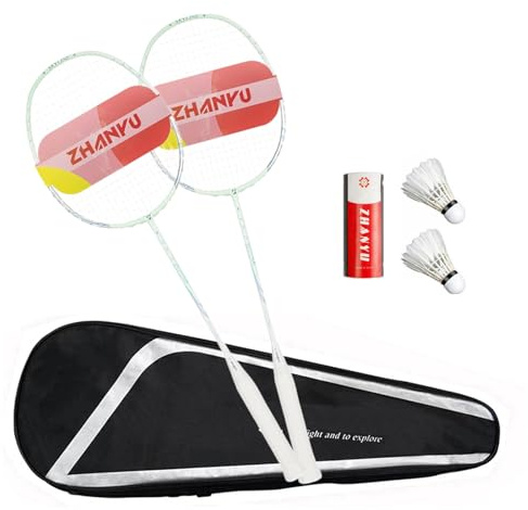 Badmintonracketar för nybörjare, badmintonracket set om 2, med 2 racketar, 2 fjäderbollar, 1 bärväska, ultralätt kolfiber vuxenträning dubbel racket för bakgården eller utomhusspel