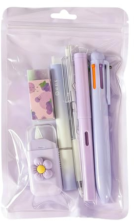 TIHNY 6-delars lila kontorsset för kvinnor - Kawaii mini kontors- och skolmaterial med kulspetspenna, gelpenna, överstrykningspenna, evig blyertspenna, rättningstejp, suddgummi