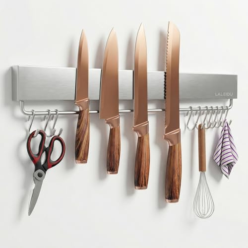 LALEIDU Magnetleiste Messer 43 CM - Magnetischer Messerhalter mit Klebeband/Schrauben /10 Haken - Edelstahl Magnet Messerhalter, Unbestückte Messerblöck