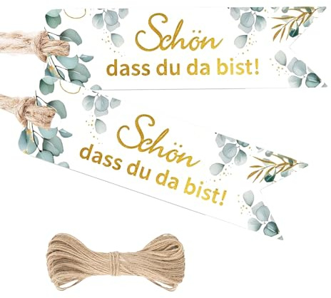 100 Stück Schön Das Du Da Bist Anhänger, Hochzeit Geschenkanhänger zum Beschriften, 7 x 2 cm Geschenk Anhänger mit 20 m Jute Schnur, Geschenkanhänger Zum Hochzeit, Party, Geschenke, Taufe (Weiß 1)