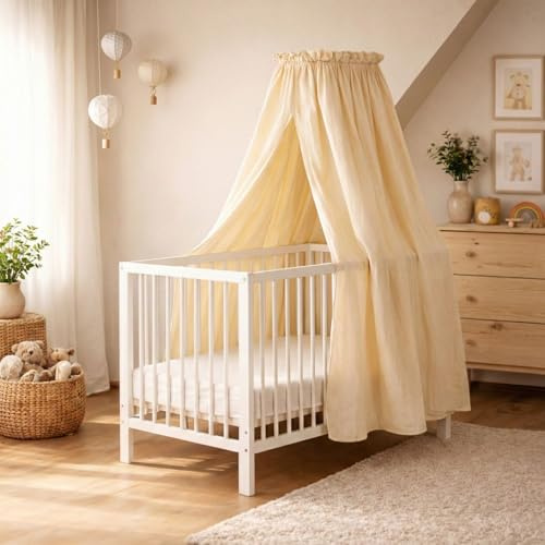 Betthimmel Babybett Stoff 130 cm – Weicher Musselin Baldachin ohne Ständer – Himmel Babybett & Kinderzimmer Deko in Creme oder Hellgrau – Luftiger Himmelbett Vorhang aus Musselin
