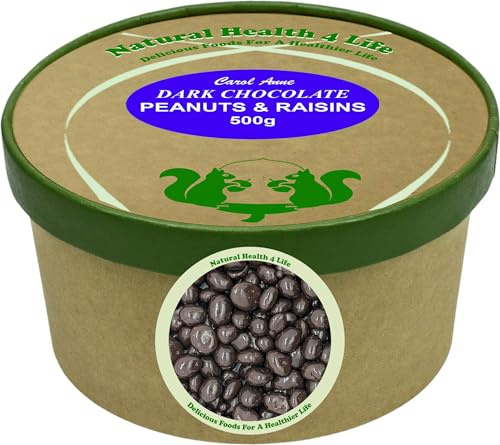 Natural Health 4 Life Carol Anne Dark Chocolate Peanuts and Raisins 500g in all-paper kraft tub, Rich Cocoa Coated Snack, Gluten Free, Dark Chocolate Nuts for Gifting, Sharing, Baking