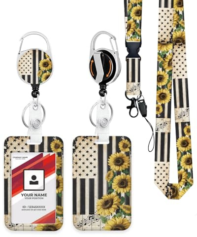 GACCAP Heavy Duty ID Badge Holder with Retractable Badge Reel Clip, Breakaway Lanyards, Vertical ID Card Holder for Nurses, Doctors, Teachers, Women, Men - Sunflower Yellow Cat