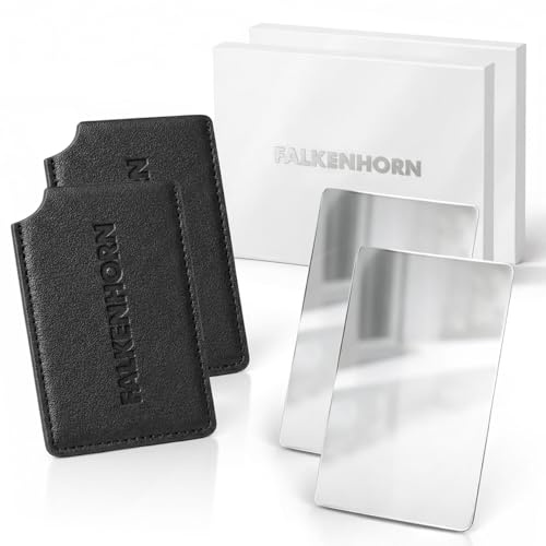 Falkenhorn Handspiegel klein inkl. Schutzhülle – Taschenspiegel aus Edelstahl im Kreditkartenformat, Kosmetikspiegel/Schminkspiegel für Handtasche & Reise, 8,5 x 5,5 cm - Schwarz 2er