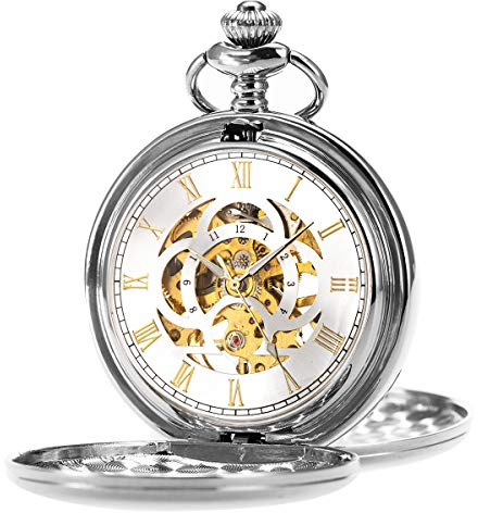 ManChDa Taschenuhr Unisex Taschenuhr mit Kette Analog Handaufzug Doppelscharnier Antik Graviert Römische Silber