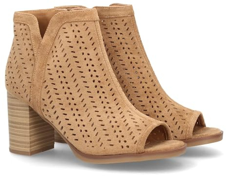 shoes&blues.es 63649-Botin de Tacon para Mujer, Comodos, con Calados, y Punta Abierta, Cierre de Cremallera en el Talon, Primavera Verano 2022. Talla 39 Kaki