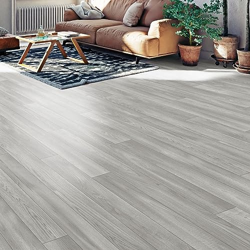 Oak Effect Lino Flooring Light Grey Wood Sheet Vinyl Flooring Roll Non Slip Water Resistant Kitchen Bathroom Cushioned Flooring 2m 3m Width (Styal Grey Sawn Oak, 2m x 2m)
