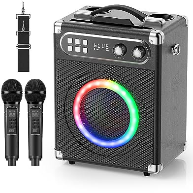 Trsaow Máquina de Karaoke Portátil, Karaoke Profesional con 2 Micrófonos Inalámbricos UHF, Sistema PA con Lámpara DJ, Ideal para Karaoke Familiar, Fiestas de Canto, Fiestas, Bodas(Negro)